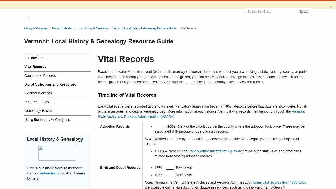 Vital Records - Vermont: Local History & Genealogy Resource Guide - Research Guides at Library of Congress